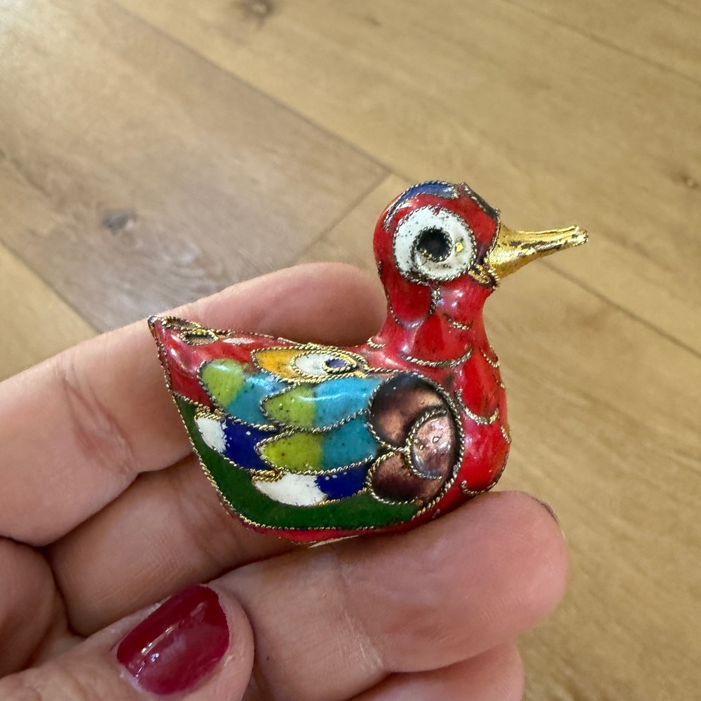 Vintage Chinese Cloisonne Enamel Duck Figurine Red Miniature Bird Filigree 1.75" - Picture 2 of 11